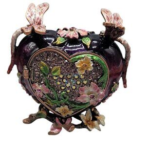 Heart Trinket Box Purple Enamel Pave Rhinestone Acccent Flowers Dragonflies